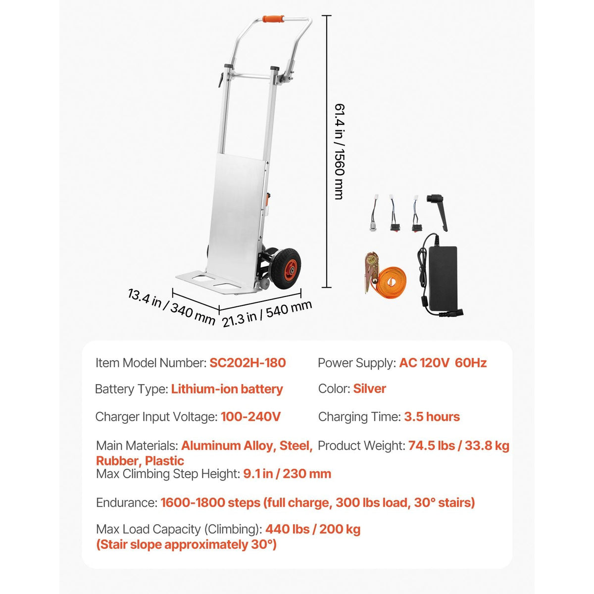 Electric Stair Climbing Dolly, 440lbs Capacity Electric Stair Climbing Hand Trucks with 157.5in Rope & Folding Handle, Heavy Duty Stair Climber for Warehouse Logistics, Moving Furniture(Silver)