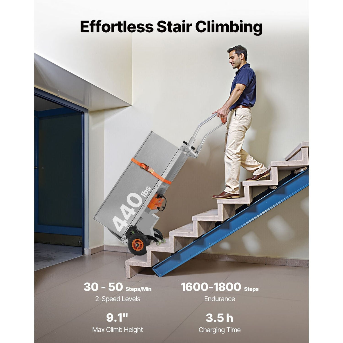 Electric Stair Climbing Dolly, 440lbs Capacity Electric Stair Climbing Hand Trucks with 157.5in Rope & Folding Handle, Heavy Duty Stair Climber for Warehouse Logistics, Moving Furniture(Silver)