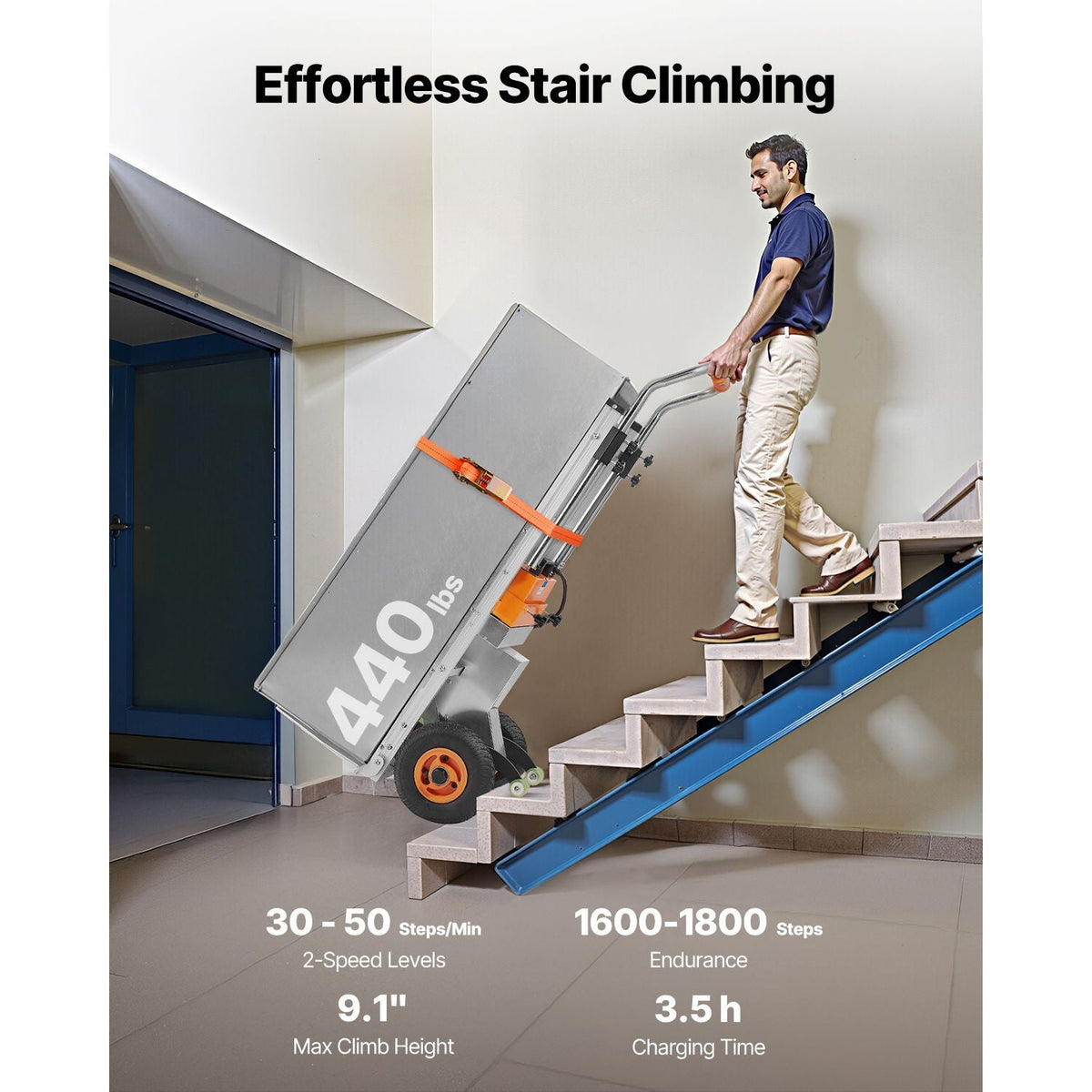Electric Stair Climbing Dolly, 440lbs Electric Stair Climbing Hand Trucks with 157.5in Rope & Extendable Handle, Heavy Duty Stair Climber for Warehouse Logistics, Moving Furniture(Silver)
