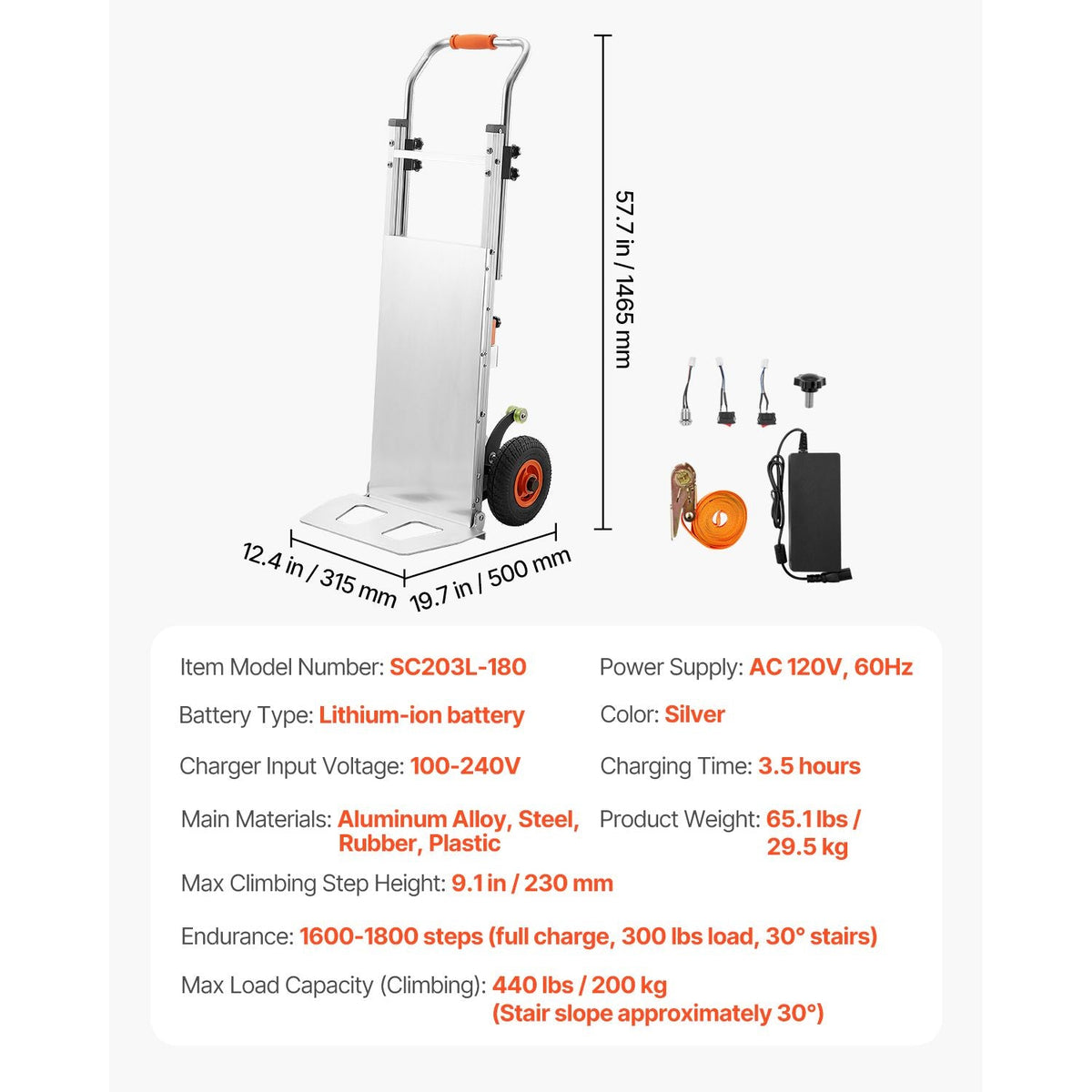Electric Stair Climbing Dolly, 440lbs Electric Stair Climbing Hand Trucks with 157.5in Rope & Extendable Handle, Heavy Duty Stair Climber for Warehouse Logistics, Moving Furniture(Silver)