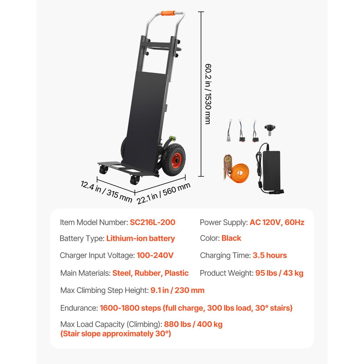 Electric Stair Climbing Dolly, 880lbs Electric Stair Climbing Hand Trucks with 157.5in Rope & Extendable Handle, Heavy Duty Stair Climber for Warehouse Logistics, Moving Furniture(Black)