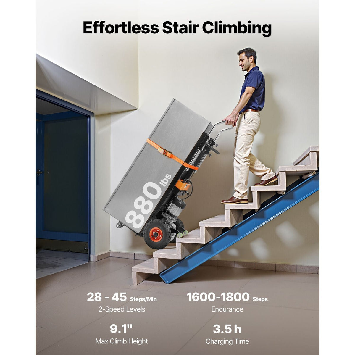 Electric Stair Climbing Dolly, 880lbs Electric Stair Climbing Hand Trucks with 157.5in Rope & Extendable Handle, Heavy Duty Stair Climber for Warehouse Logistics, Moving Furniture(Black)