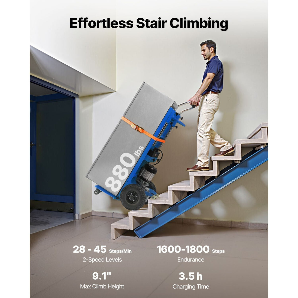 Electric Stair Climbing Dolly, 880lbs Electric Stair Climbing Hand Trucks with 157.5in Rope & Extendable Handle, Heavy Duty Stair Climber for Warehouse Logistics, Moving Furniture(Blue)