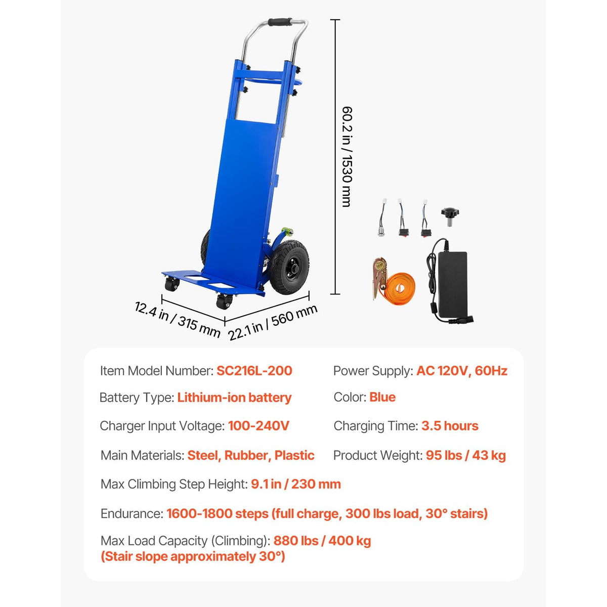 Electric Stair Climbing Dolly, 880lbs Electric Stair Climbing Hand Trucks with 157.5in Rope & Extendable Handle, Heavy Duty Stair Climber for Warehouse Logistics, Moving Furniture(Blue)