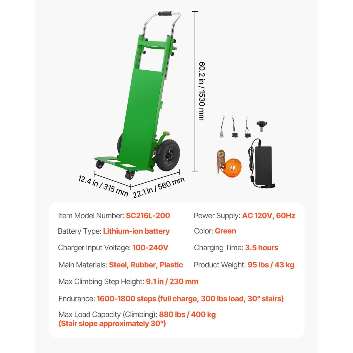 Electric Stair Climbing Dolly, 880lbs Electric Stair Climbing Hand Trucks with 157.5in Rope & Extendable Handle, Heavy Duty Stair Climber for Warehouse Logistics, Moving Furniture(Green)