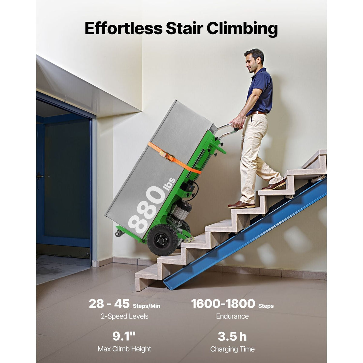 Electric Stair Climbing Dolly, 880lbs Electric Stair Climbing Hand Trucks with 157.5in Rope & Extendable Handle, Heavy Duty Stair Climber for Warehouse Logistics, Moving Furniture(Green)