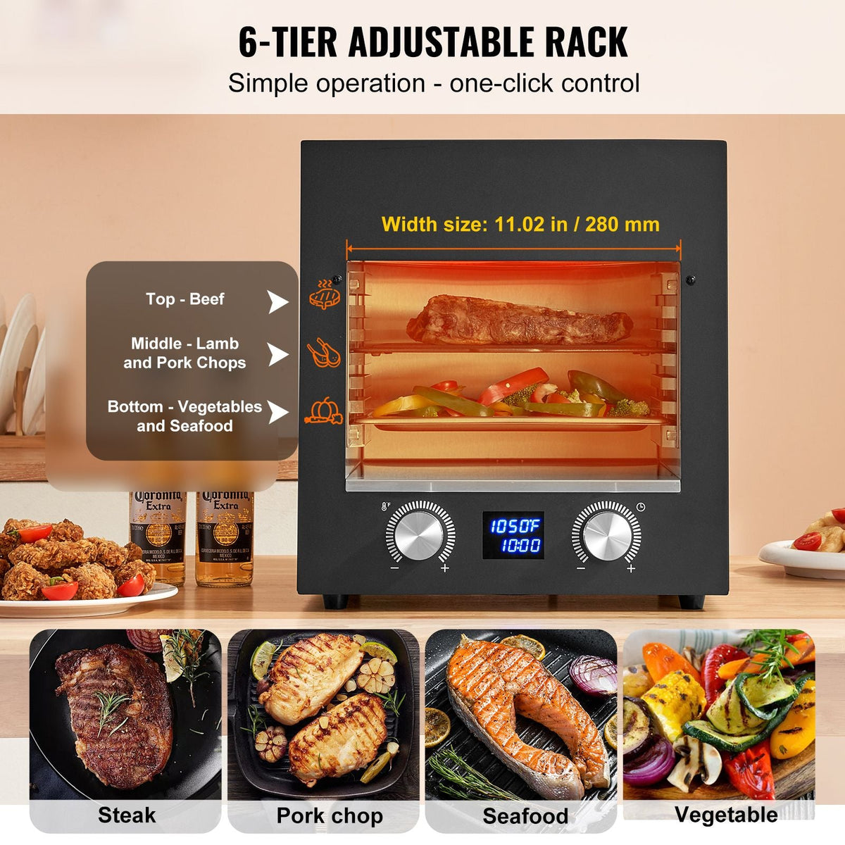 Electric Steak Grill, 1800W Smokeless Infrared Electric Broiler, 1450 Fahrenheit Stainless Steel Steak Cooker with 6-Tier Adjustable Rack, Electric Infrared Grill for BBQ, Toast, Grill, Indoor