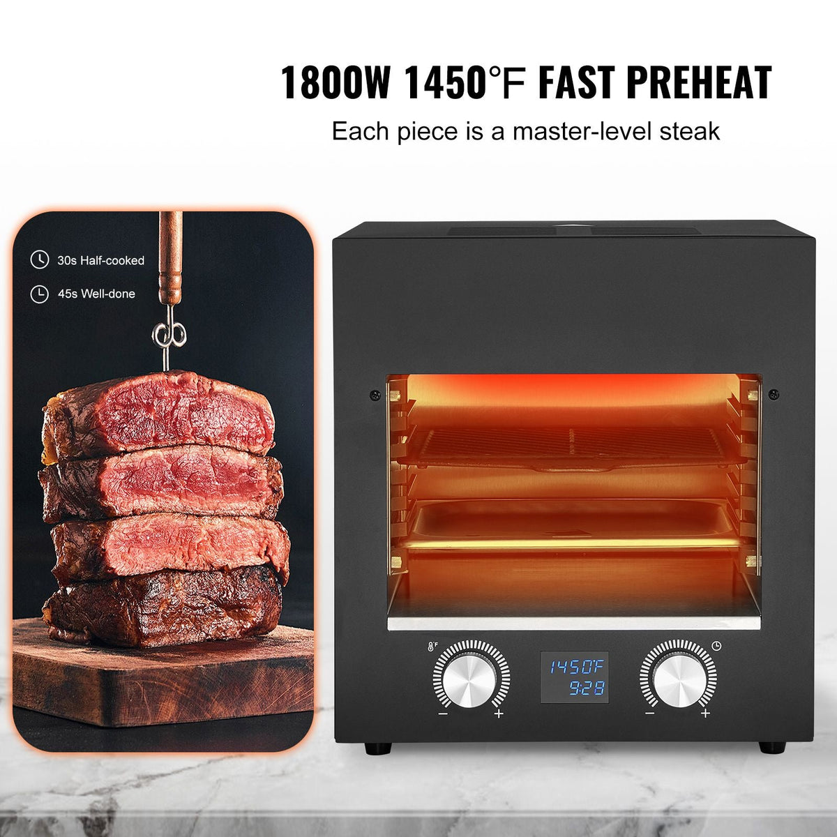 Electric Steak Grill, 1800W Smokeless Infrared Electric Broiler, 1450 Fahrenheit Stainless Steel Steak Cooker with 6-Tier Adjustable Rack, Electric Infrared Grill for BBQ, Toast, Grill, Indoor
