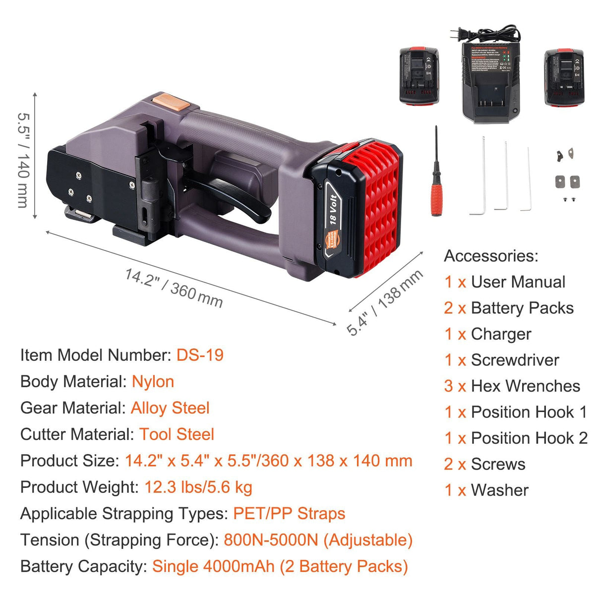 Electric Strapping Machine, for 0.39"-0.75" PP PET Straps, Portable Electric Banding Tool with Digital Display, 2 x 4000mAh Battery Powered Automatic Strapping Tool for Packaging Box Pallet