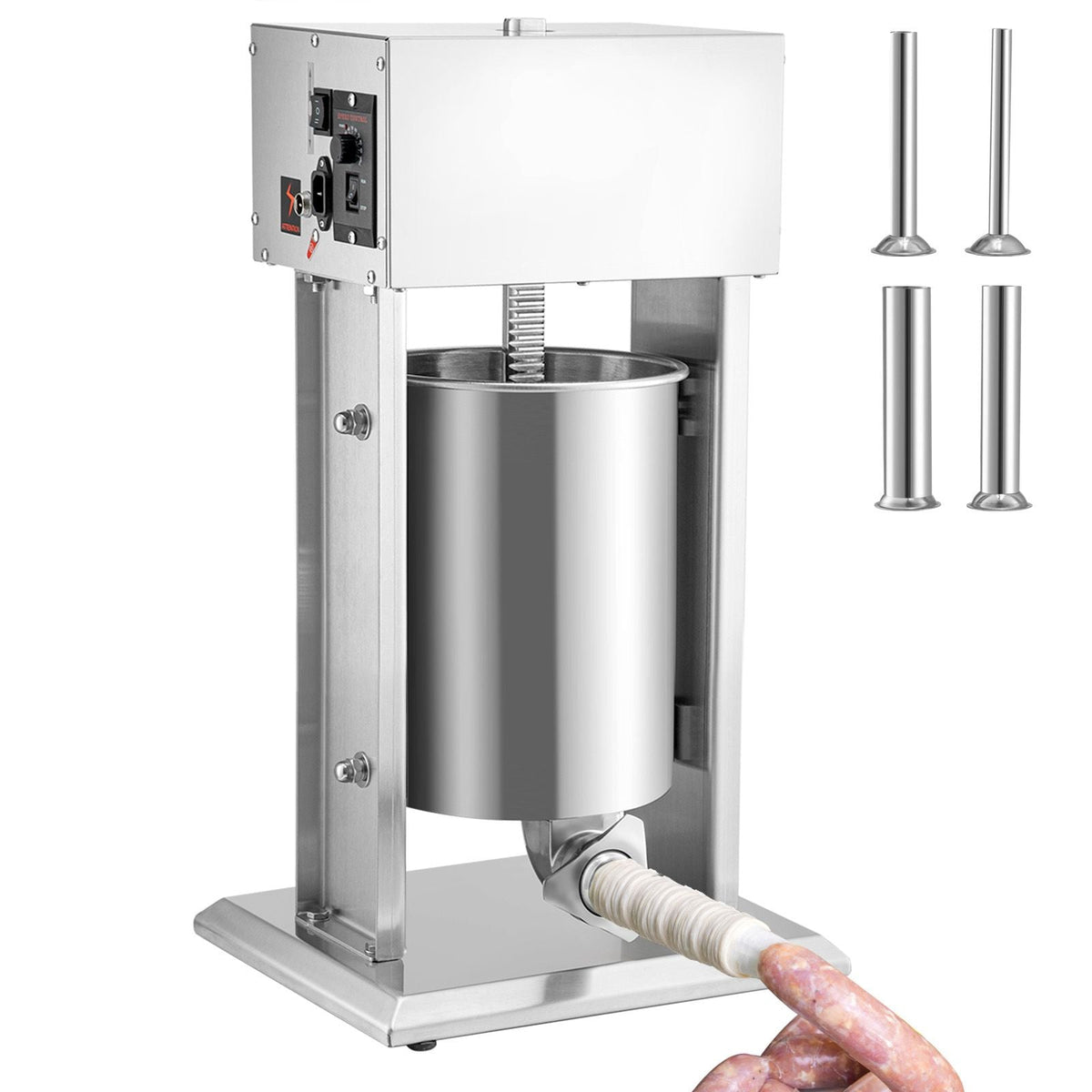 Electric Stuffer, 10L Large Capacity, 200W Vertical Sausage Stuffer with Speed Stepless, 304 Stainless Steel Sausage Machine with 4 Stuffing Tubes, Foot Pedal for Household or Commercial Use