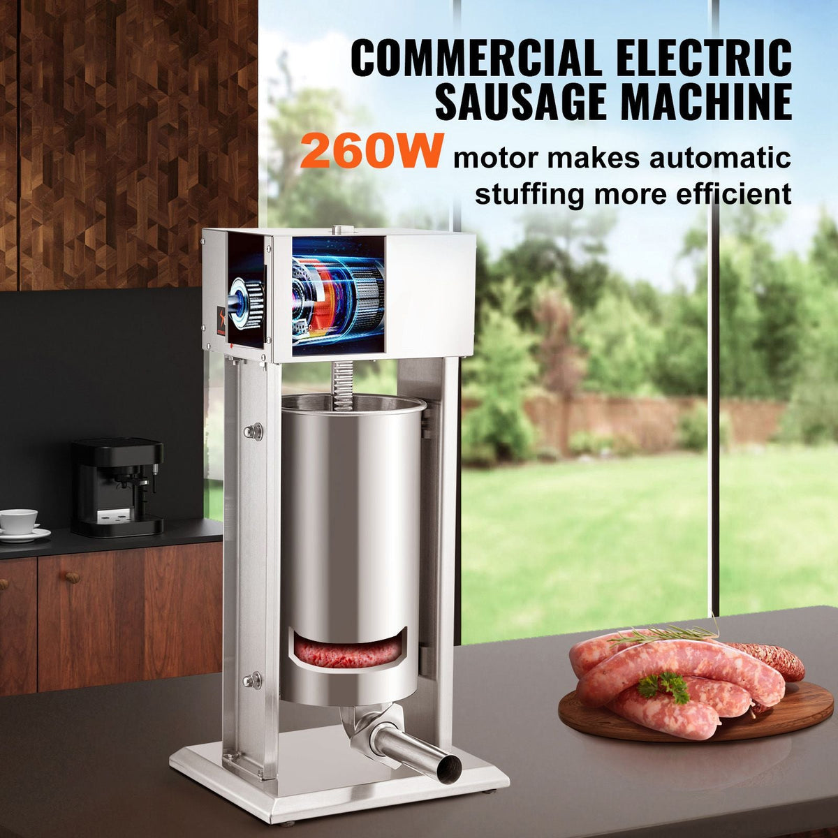 Electric Stuffer, 15L Large Capacity, 260W Vertical Sausage Stuffer with Speed Stepless, 304 Stainless Steel Sausage Machine with 4 Stuffing Tubes, Foot Pedal for Household or Commercial Use