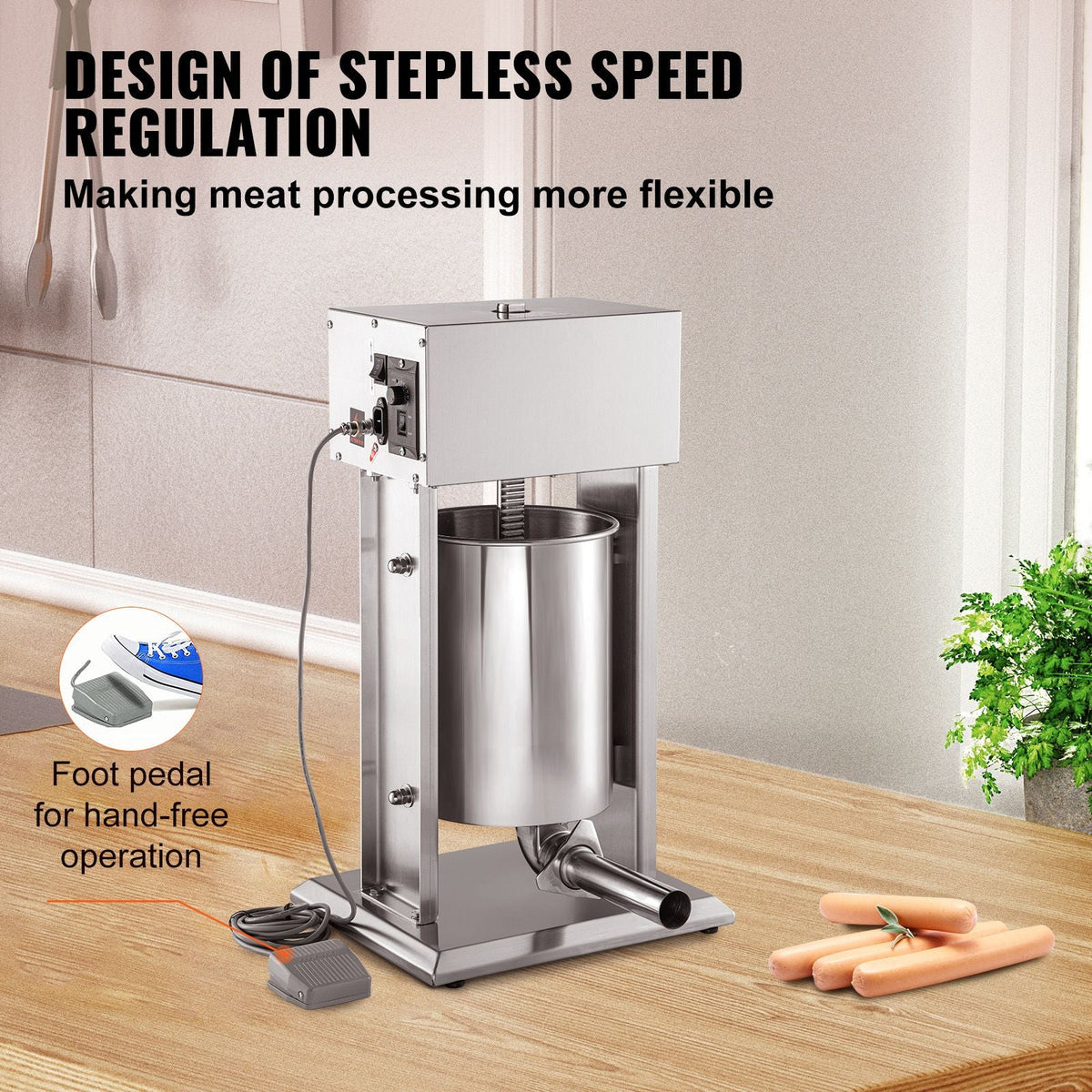 Electric Stuffer, 15L Large Capacity, 260W Vertical Sausage Stuffer with Speed Stepless, 304 Stainless Steel Sausage Machine with 4 Stuffing Tubes, Foot Pedal for Household or Commercial Use