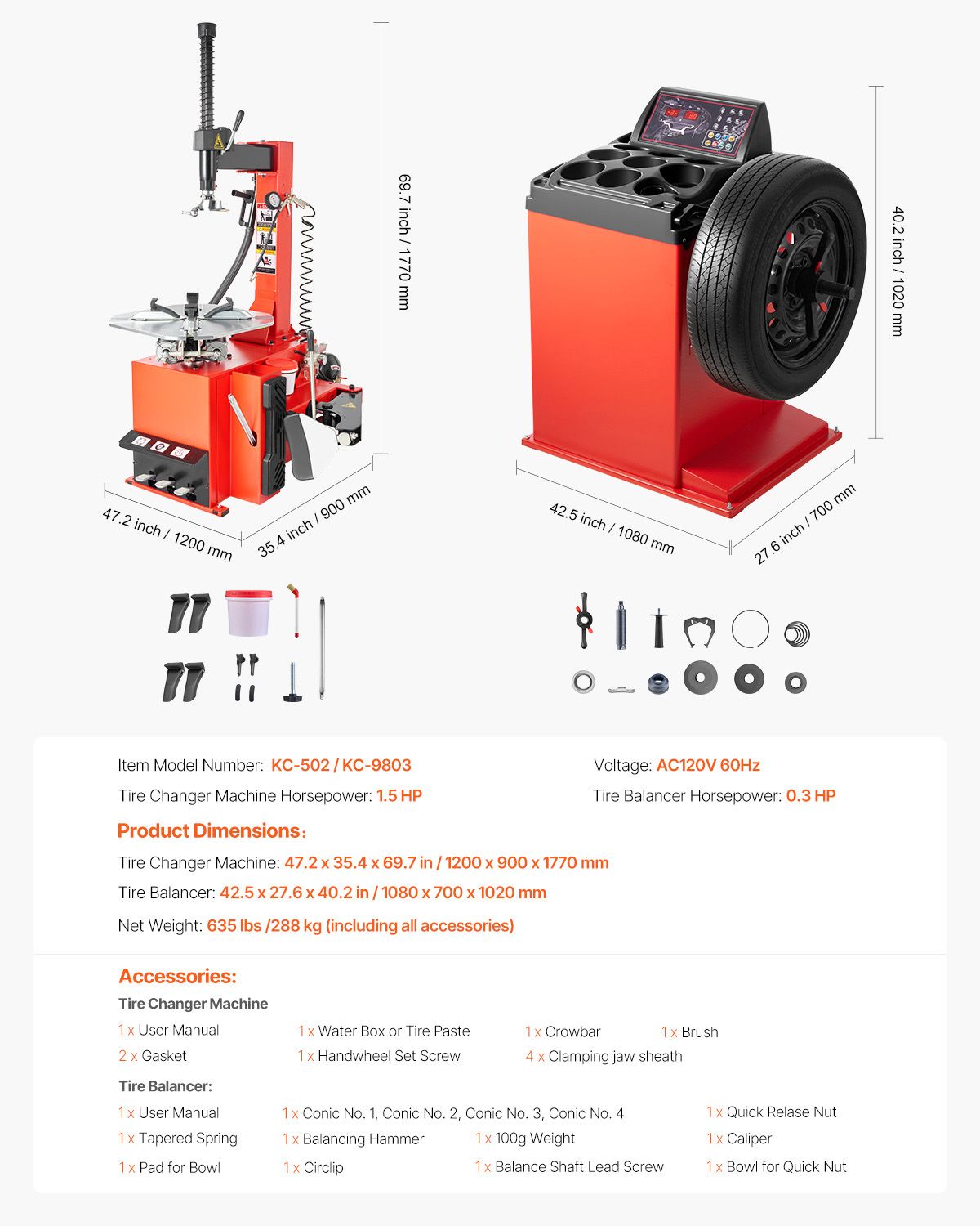 Electric Tire Changer, 18" Spindle, Durable Tire Changer Tire Balancer with 1.5 HP Motor, Accurate Tire Changer Tire Balancer with Auto Calibration Mode, FIt for Sedans/SUVs/Pickup Trucks