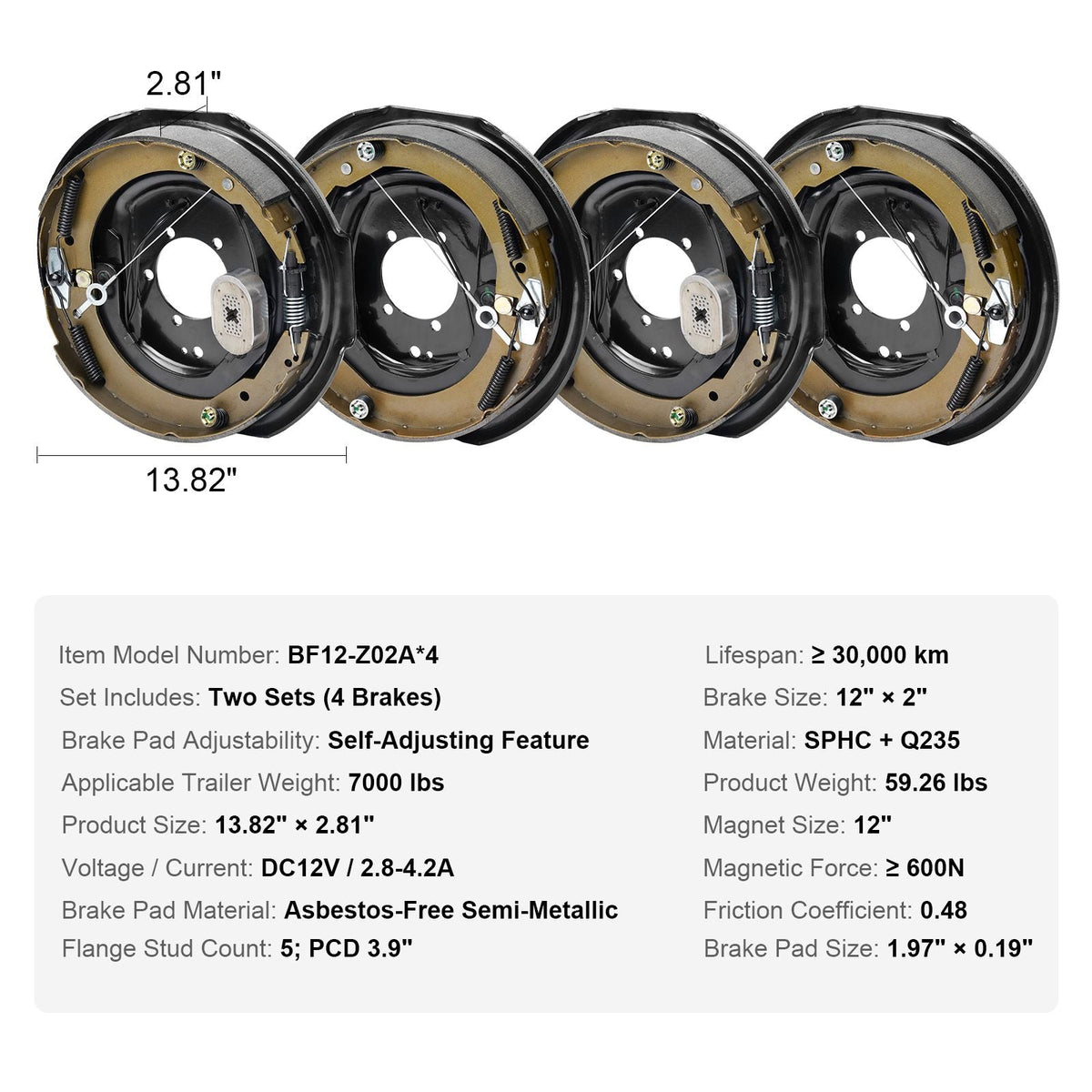 Electric Trailer Brake Assembly, 12" x 2", 2 Pairs Self-Adjusting Electric Brakes Kit for 7000 lbs Axle, 5-Hole Mounting, Backing Plates for Braking System Part Replacement (2 Right + 2 Left)