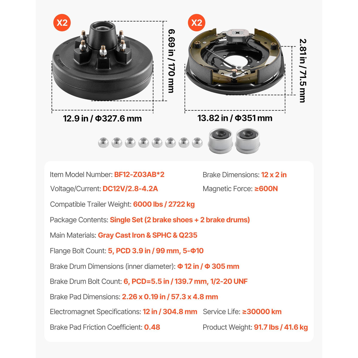 Electric Trailer Brake Assembly, 12 x 2 Inch, 1 Pair Self-Adjusting Electric Brakes Kit for 6000 lbs Trailer Axle, Backing Plates for Braking System Part Replacement, Fit for Trailers, RVs