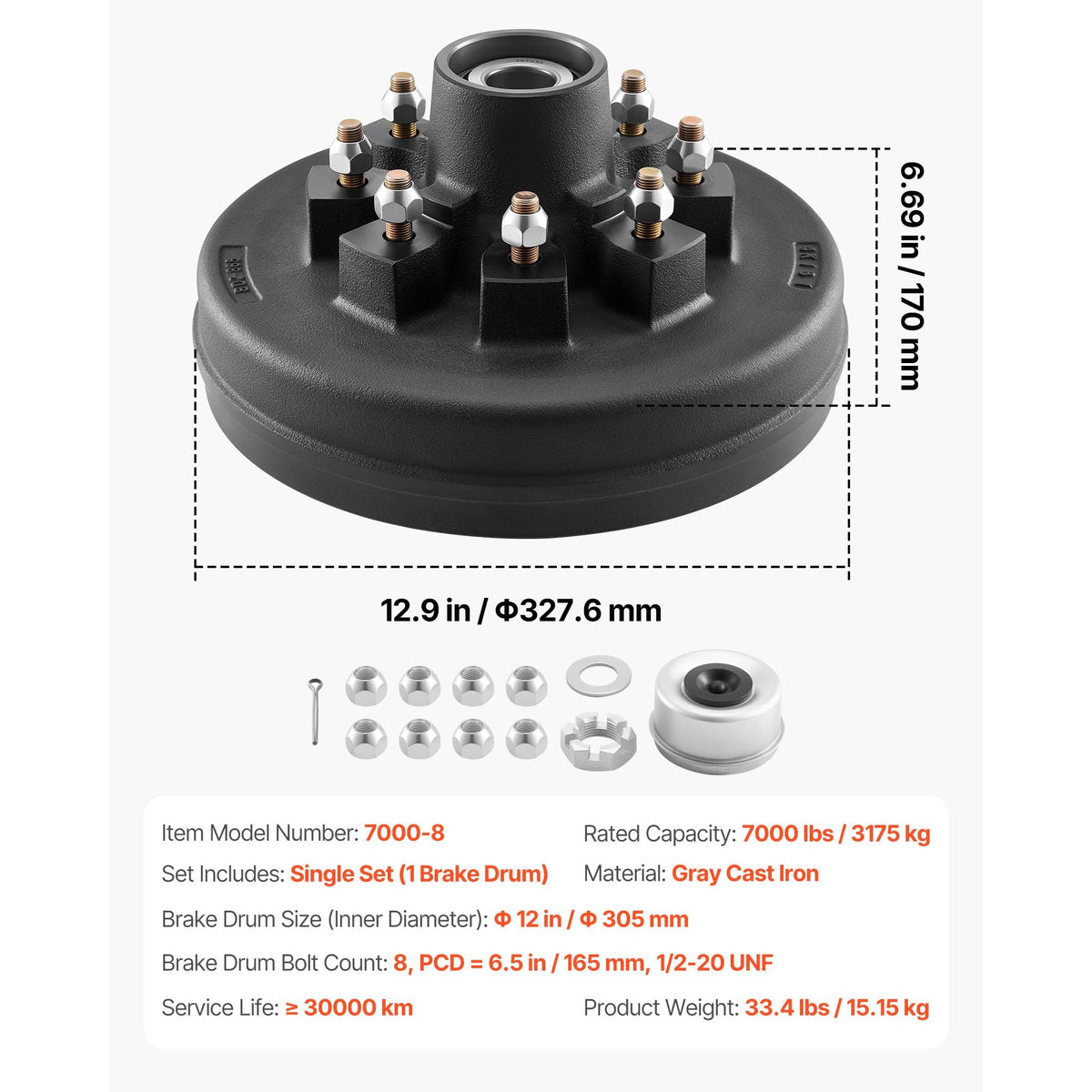 Electric Trailer Brake Drum, 1 Pack, 8-Hole on 4-Inch Bolt Circle Brake Drum for 7000 lbs Trailer Axles, Long Service Life, Replacement of 12 Inch Brake Hub Drums Assembly for Trailers, RVs