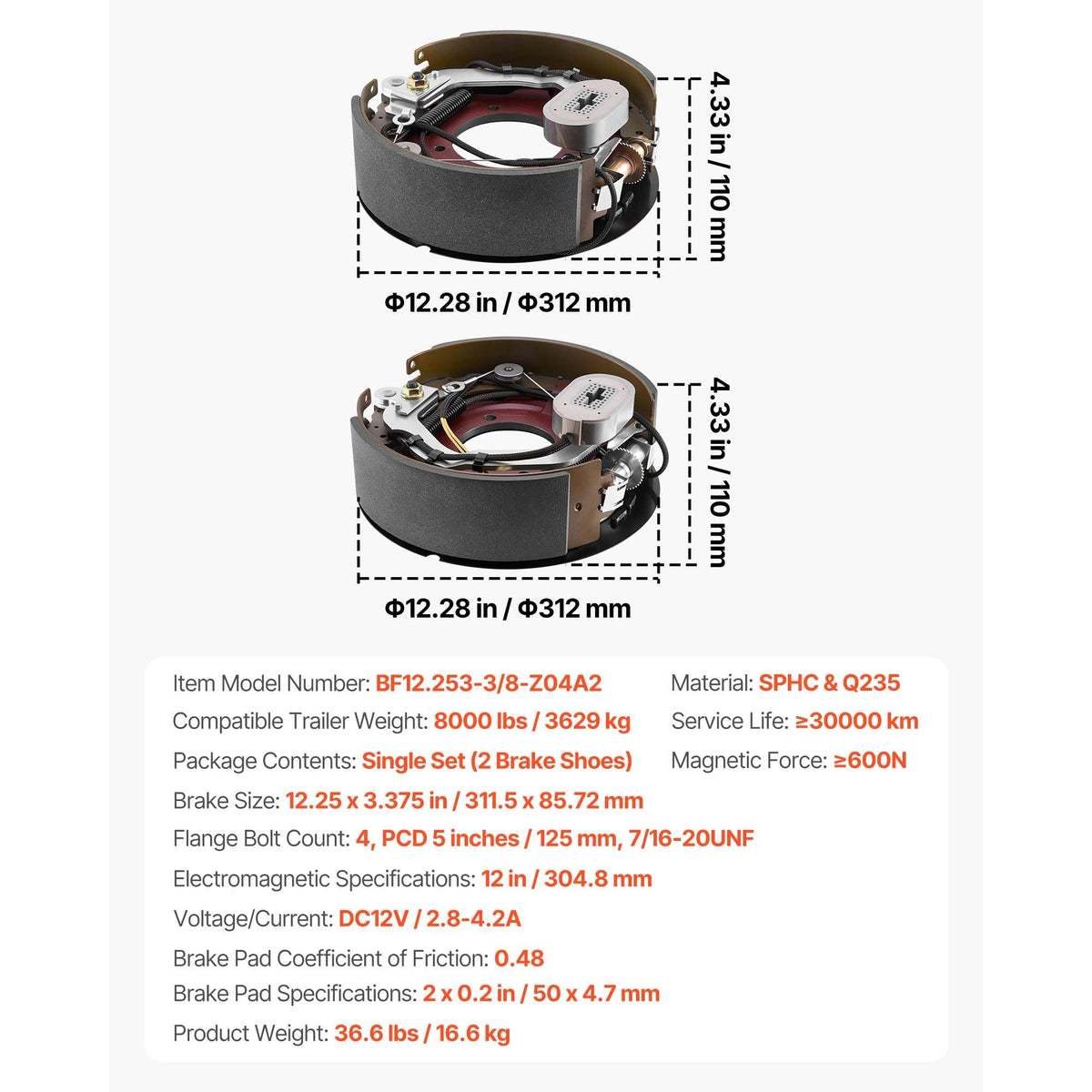Electric Trailer Brake Kit, 12.25 x 3.375 Inch, 1 Pair Self-Adjusting Electric Brakes Kit for 8000 lbs Trailer Axle, Backing Plates for Braking System Part Replacement, Fit for Trailers, RVs