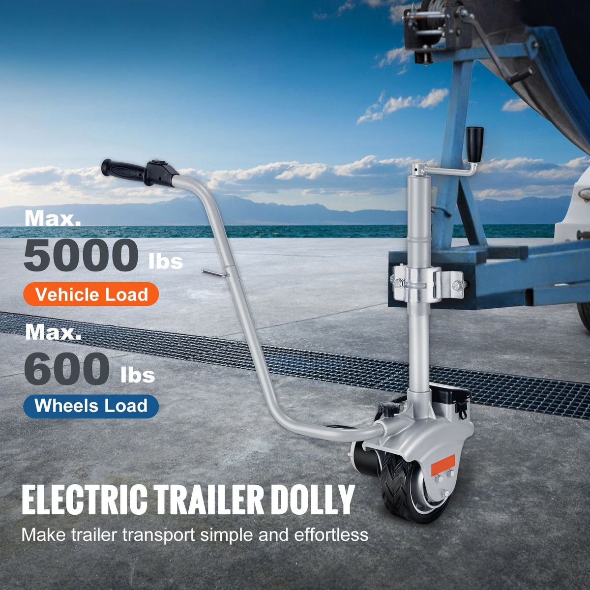 Electric Trailer Dolly, 5000lbs Towing Capacity, 350W 12V Trailer Jockey Wheel with 22 ft/min Moving Speed, 12''-24.8'' Adjustable Clamp Height & 8'' Rubber Tire, for Moving Trailer Caravan Boat