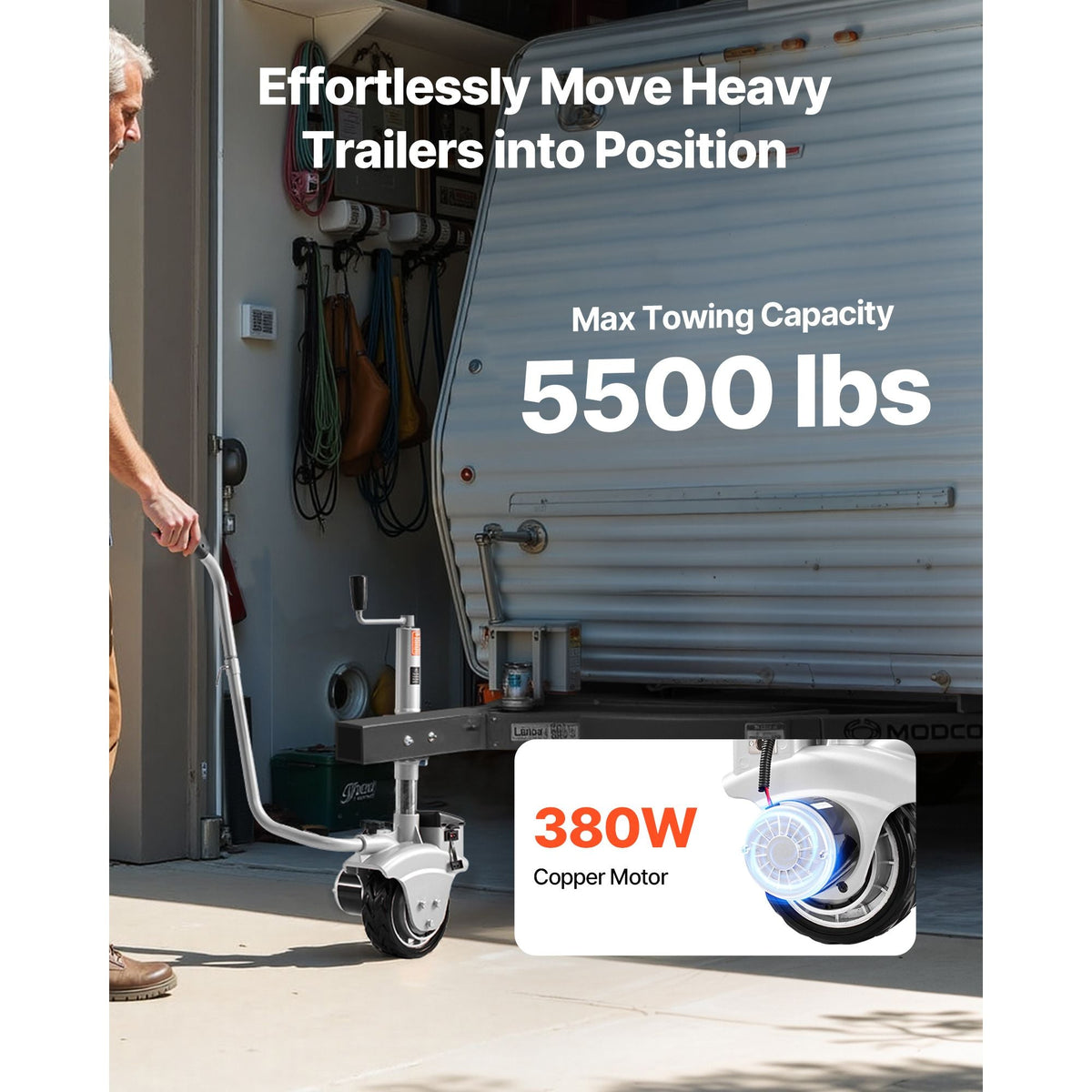 Electric Trailer Dolly, 5500 lbs Towing Capacity, 380W 12V Motorized Jockey Wheel with 23 ft/min Moving Speed, 12.2-24.8 in Adjustable Clamp Height & 8 in Rubber Tire, For Moving Caravan Boat