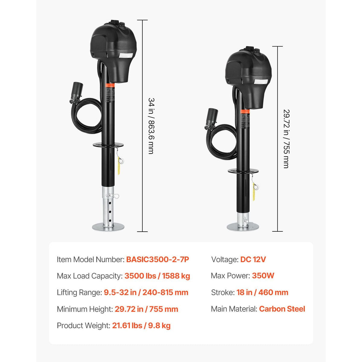 Electric Trailer Jack, 3500 lbs, Heavy Duty RV Electric Power Tongue Jack with 7-pin Connector, Manual Crank Handle & Weatherproof Jack Cover, 9.5"-27.5" Lift, for Trailers, Campers & RVs, Black