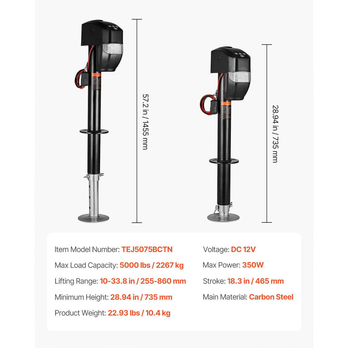 Electric Trailer Jack, 5000 lbs, Heavy Duty RV Electric Power Tongue Jack with 2 Way Connector, Remote Control, Crank Handle & Weatherproof Jack Cover, 10"-28.3" Lift, for Trailers & Campers