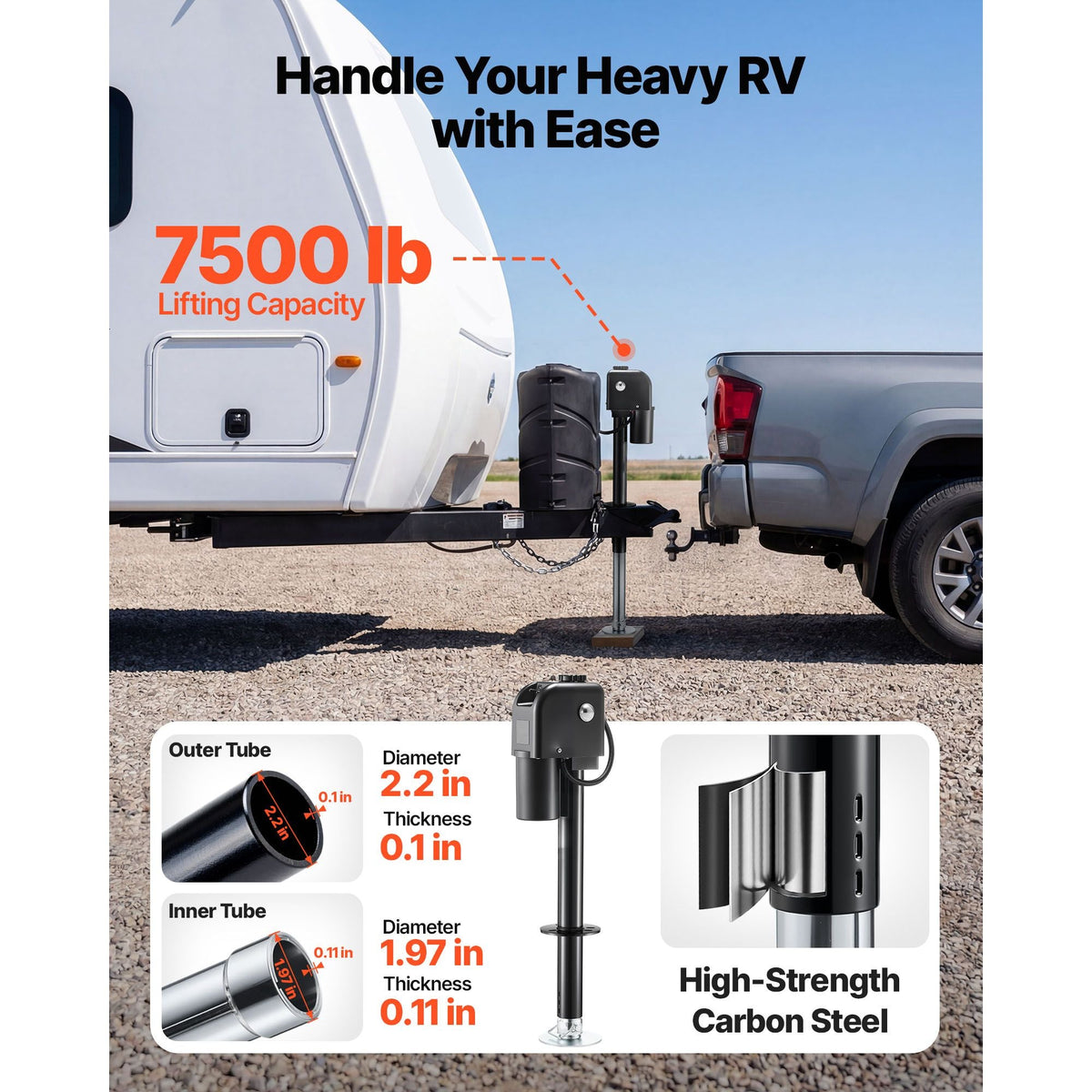 Electric Trailer Jack, 7500 lbs Capacity, Electric Power Tongue Jack with Waterproof Protective Cover & LED Light for Travel Trailer, Camper, RV, 9.84-27.84 in Lift, 12V DC with Wiring, Black