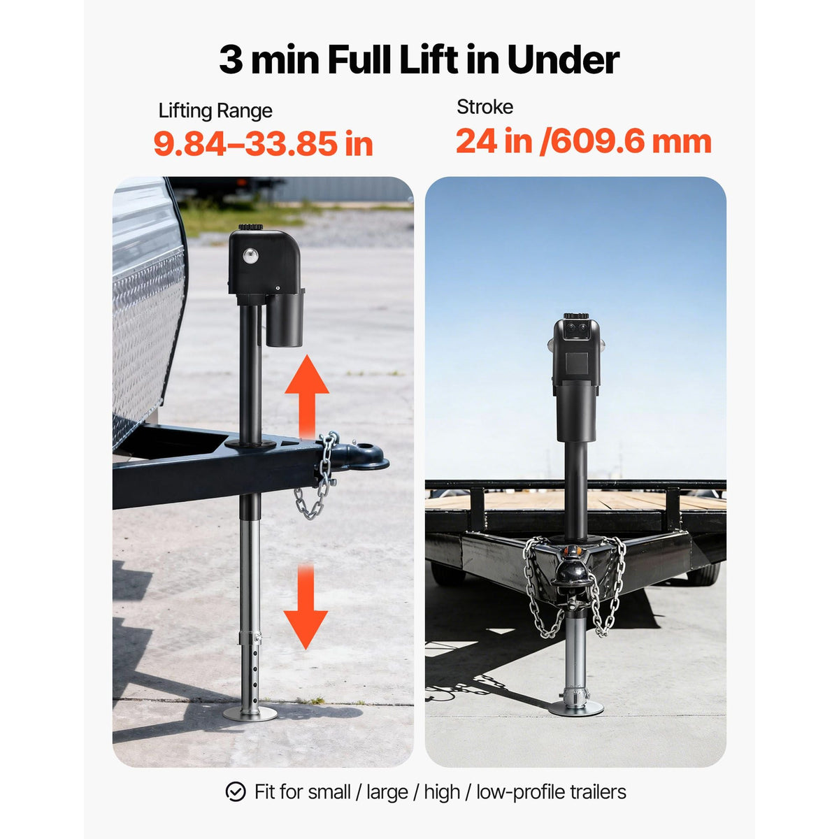 Electric Trailer Jack, 7500 lbs Capacity, Electric Power Tongue Jack with Waterproof Protective Cover & LED Light for Travel Trailer, Camper, RV, 9.84-27.84 in Lift, 12V DC with Wiring, Black