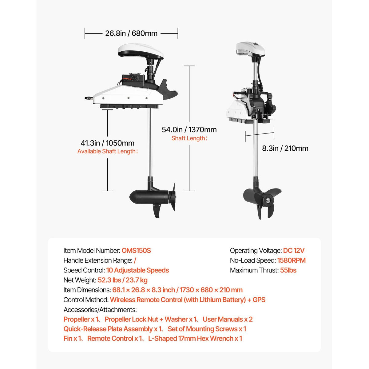 Electric Trolling Motor, 12V 55lbs Thrust with GPS, 10-Speed Bow Mounted Saltwater Outboard Boat Motor with Remote Control & LCD Battery Indicator, for Kayaks, Fishing Boats, 54-Inch Shaft
