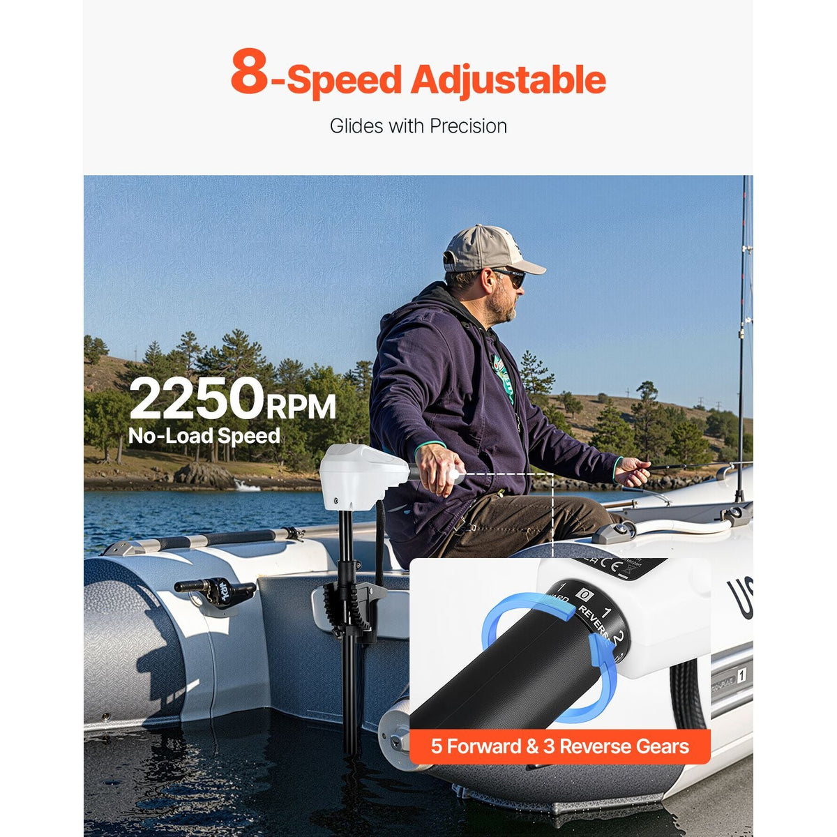 Electric Trolling Motor, Transom Mounted Outboard Boat Motors 24V 86lbs Thrust, 8-Speed Electric Boat Engine w/ Battery Indicator, for Kayaks, Fishing Boats on Freshwater/Saltwater, 36-In Shaft
