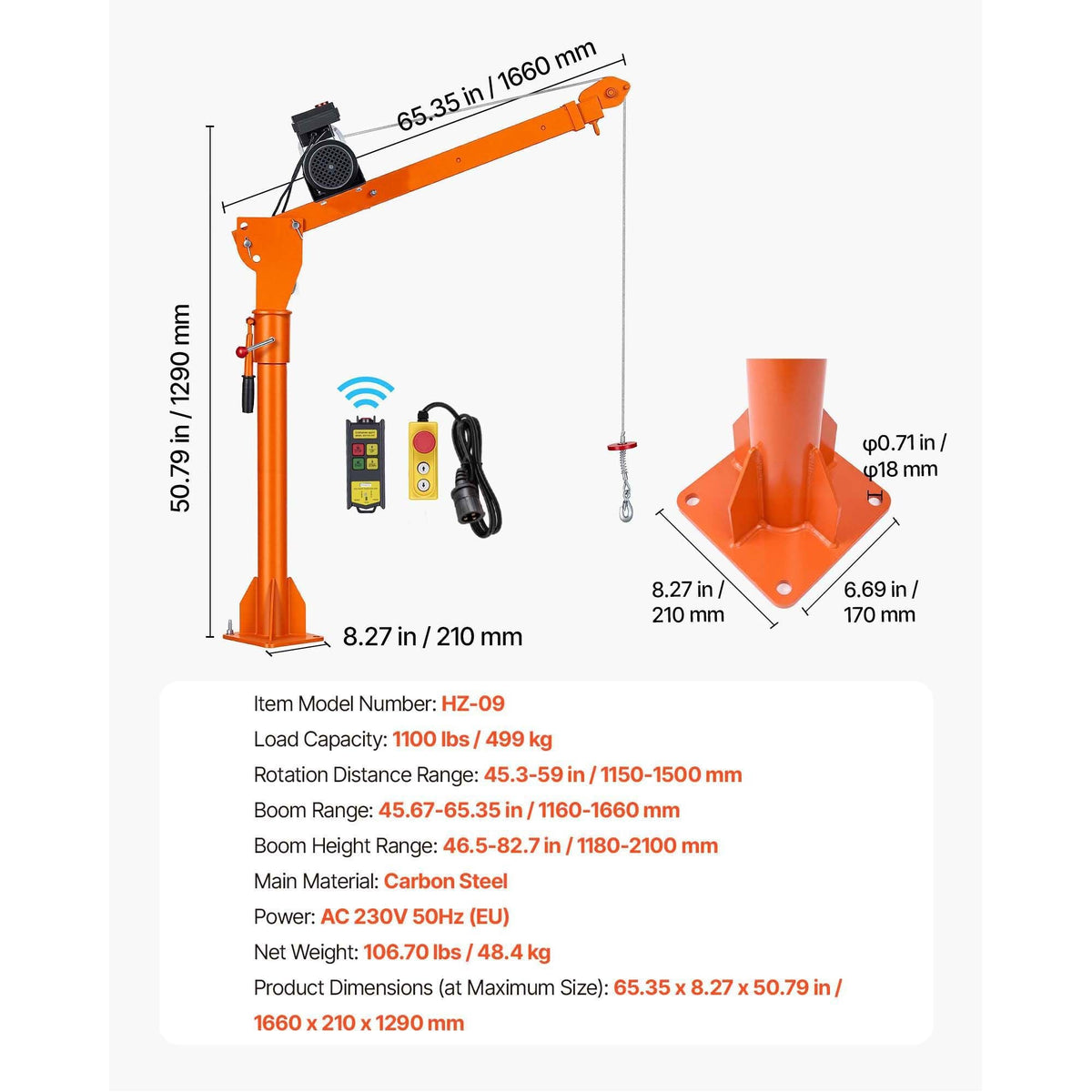 Electric Truck Crane, 1100 lbs Pickup Truck Crane with PA800 Electric Hoist, 360° Rotating Telescopic Boom, Premium Galvanized Steel,Foldable Pickup Bed Jib Hoist for Machine Lumber Lifting