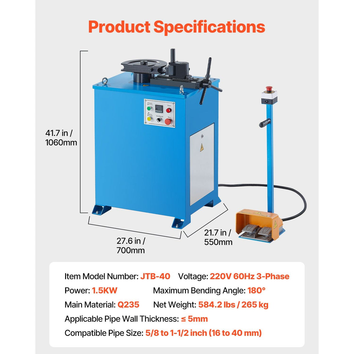 Electric Tube Bending Machine, 1.5 KW Electric Tube Bender for 5/8 to 1-1/2 inch Pipes, Pipe Bender Machine with 5 Set Dies, Manual & Auto Modes and 180° Max Bending Angle (220V 60Hz 3-Phase)
