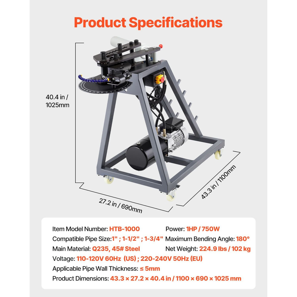 Electric Tube Bending Machine, 750W Electric Tubing Bender with 6L Hydraulic Cylinder, Movable Pipe Bender Machine with 3 Dies & 180° Max Bending Angle, Suitable for 1", 1-1/2", 1-3/4" Pipes