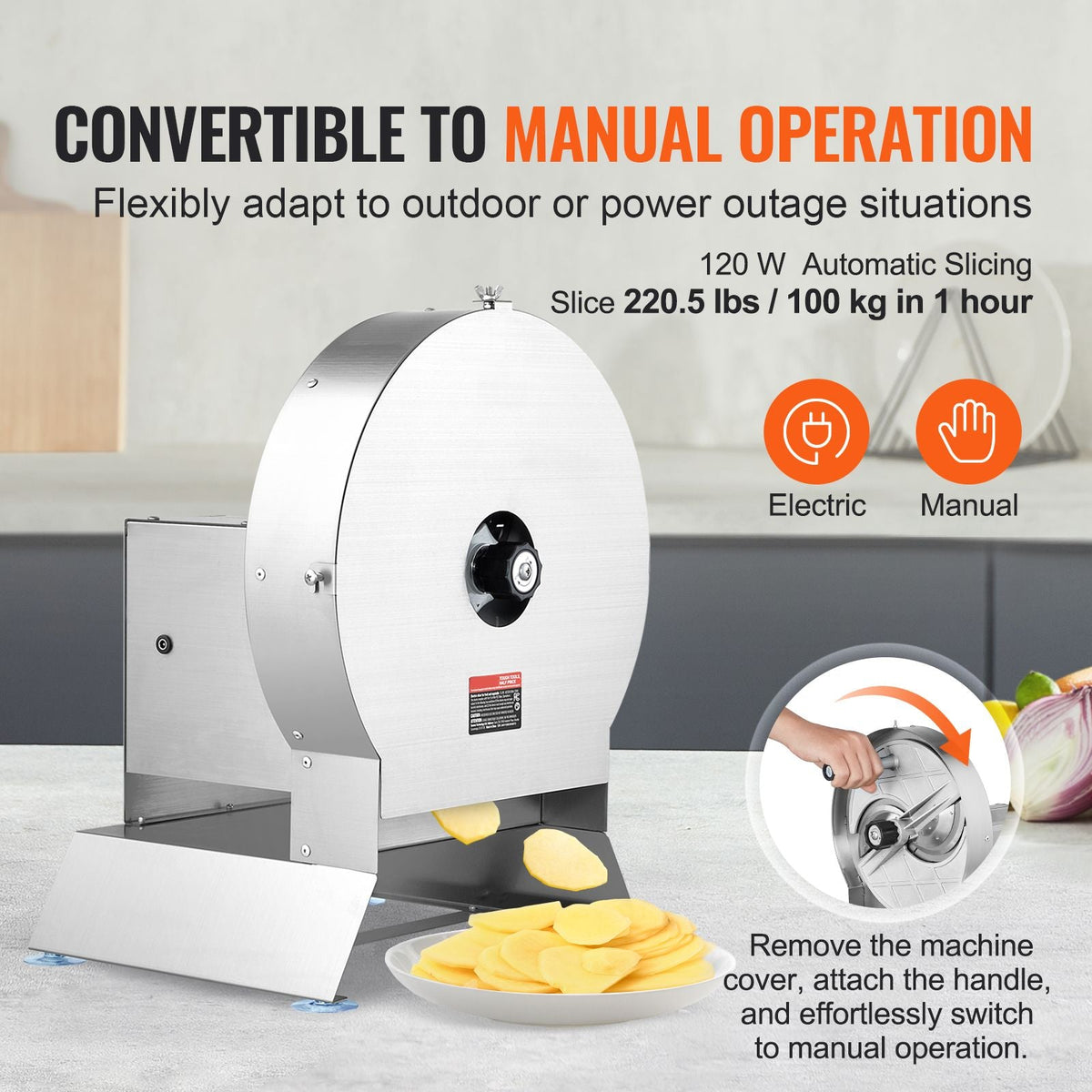 Electric Vegetable Slicer, 0-0.5"/0-12mm Thickness Adjustable Commercial Slicer Machine, Convertible to Manual, Stainless Steel Food Cutter Slicing Machine, Large Feed Port for Potato, Tomato