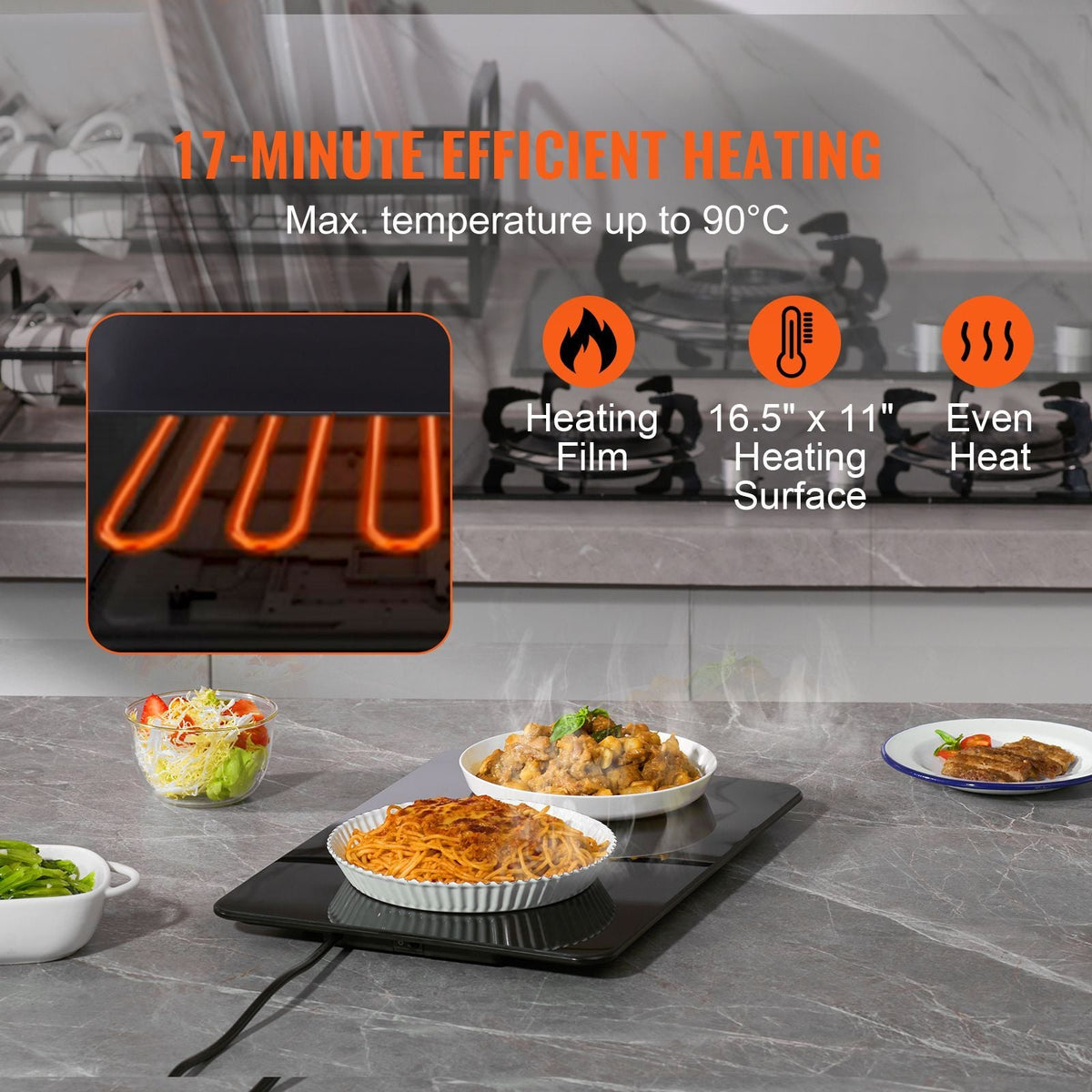 Electric Warming Tray, 16.5" x 11" Portable Tempered Glass Heating Tray with Temperature Range (65-90 Celsius), Perfect for Dinner, Catering, Parties, Events, Entertaining and Holiday, Black