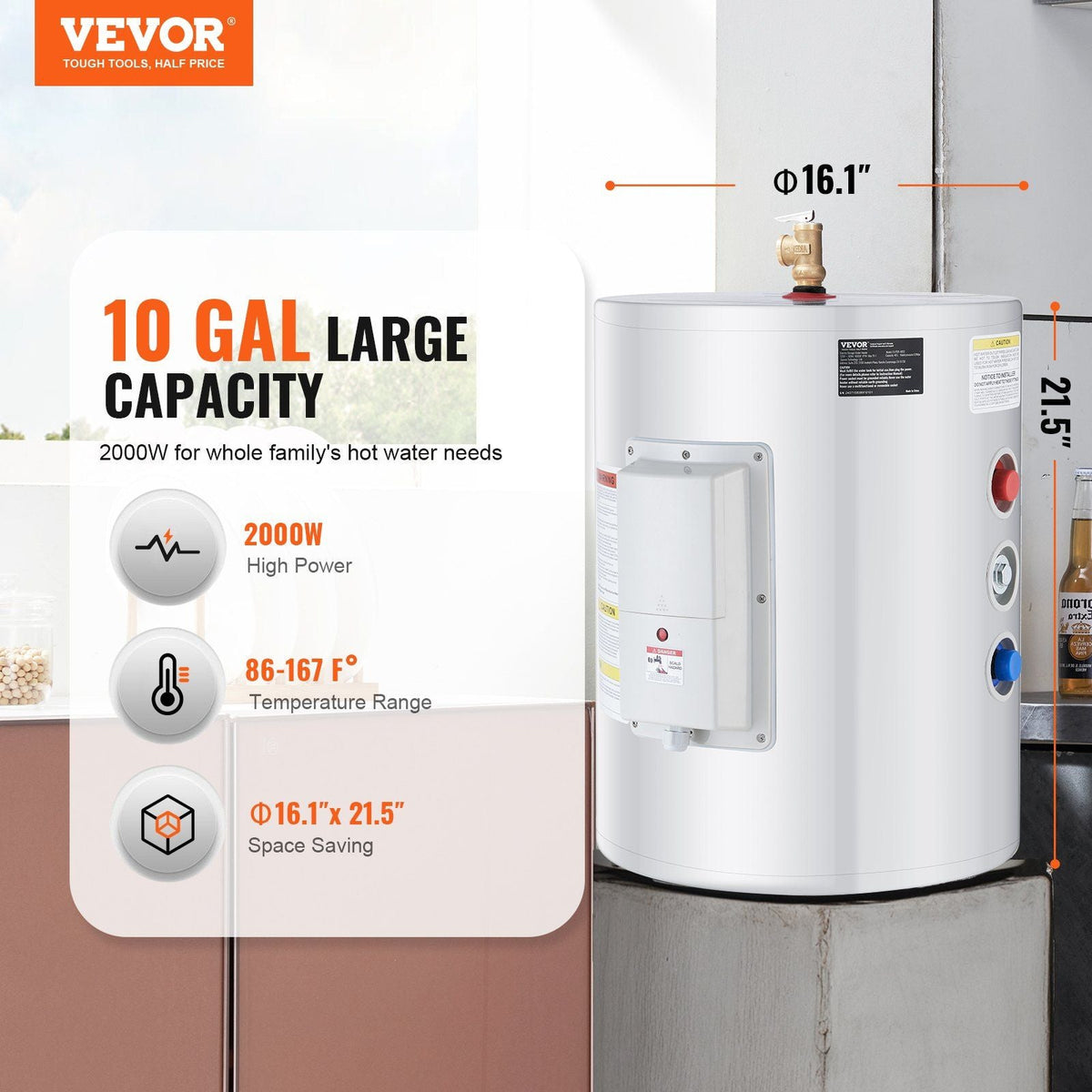 Electric Water Heater, 10 Gallon Tank Instant Hot Water Heater, 1.6Kw Tankless Water Heater w/ LED Display,Knob Control, IPX4 Waterproof Side Connection On Demand Heaters for Shower, Bath