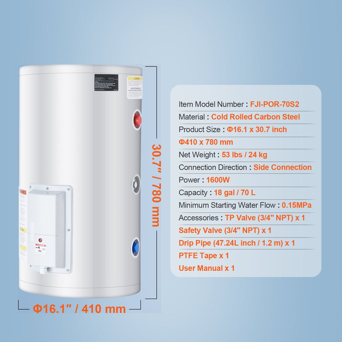 Electric Water Heater, 18 Gallon Tank Instant Hot Water Heater, 1.6Kw Tankless Water Heater w/ LED Display,Knob Control, IPX4 Waterproof Side Connection On Demand Heaters for Shower, Bath