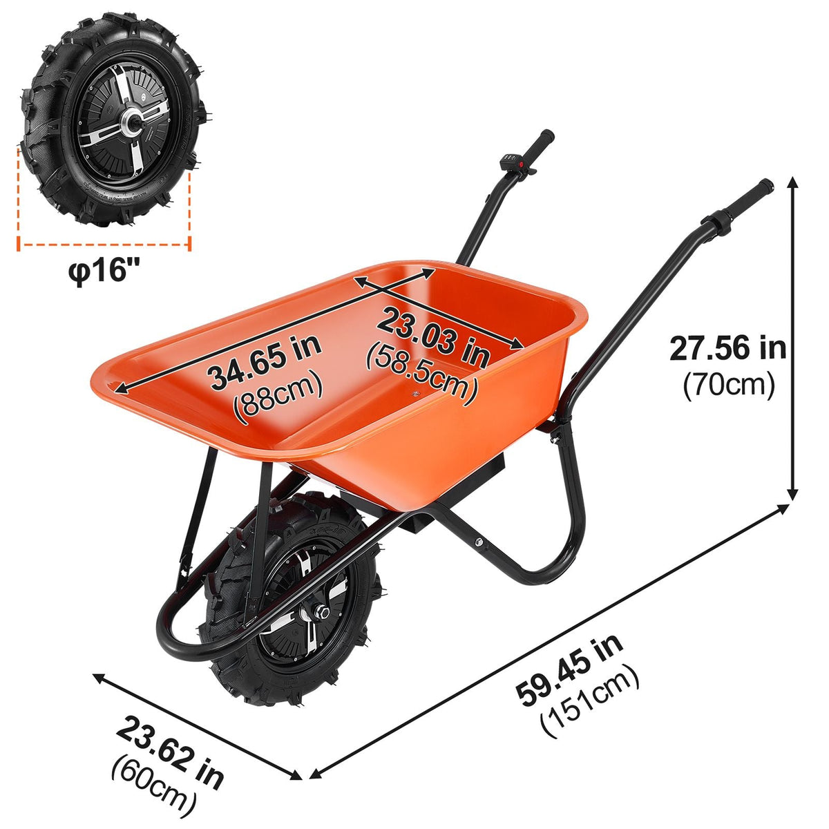 Electric Wheelbarrow Cart, 500W Powered Utility Garden Wagon Dump Cart, 5 Cu. Ft. Load & 330 lbs Capacity with Metal Handle & 16" Track Wheels, One Wheel Barrow Yard Cart & Wagons for Lawn Farm