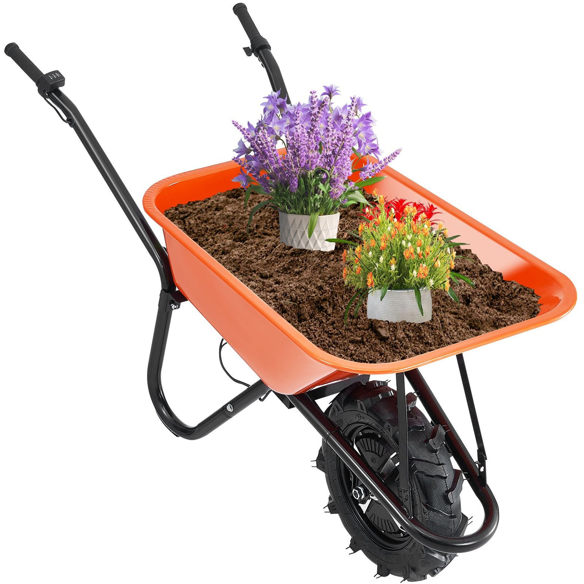 Electric Wheelbarrow Cart, 500W Powered Utility Garden Wagon Dump Cart, 5 Cu. Ft. Load & 330 lbs Capacity with Metal Handle & 16" Track Wheels, One Wheel Barrow Yard Cart & Wagons for Lawn Farm