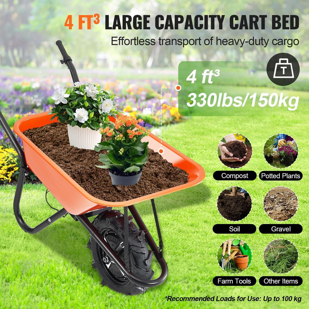 Electric Wheelbarrow Cart, 500W Powered Utility Garden Wagon Dump Cart, 5 Cu. Ft. Load & 330 lbs Capacity with Metal Handle & 16" Track Wheels, One Wheel Barrow Yard Cart & Wagons for Lawn Farm