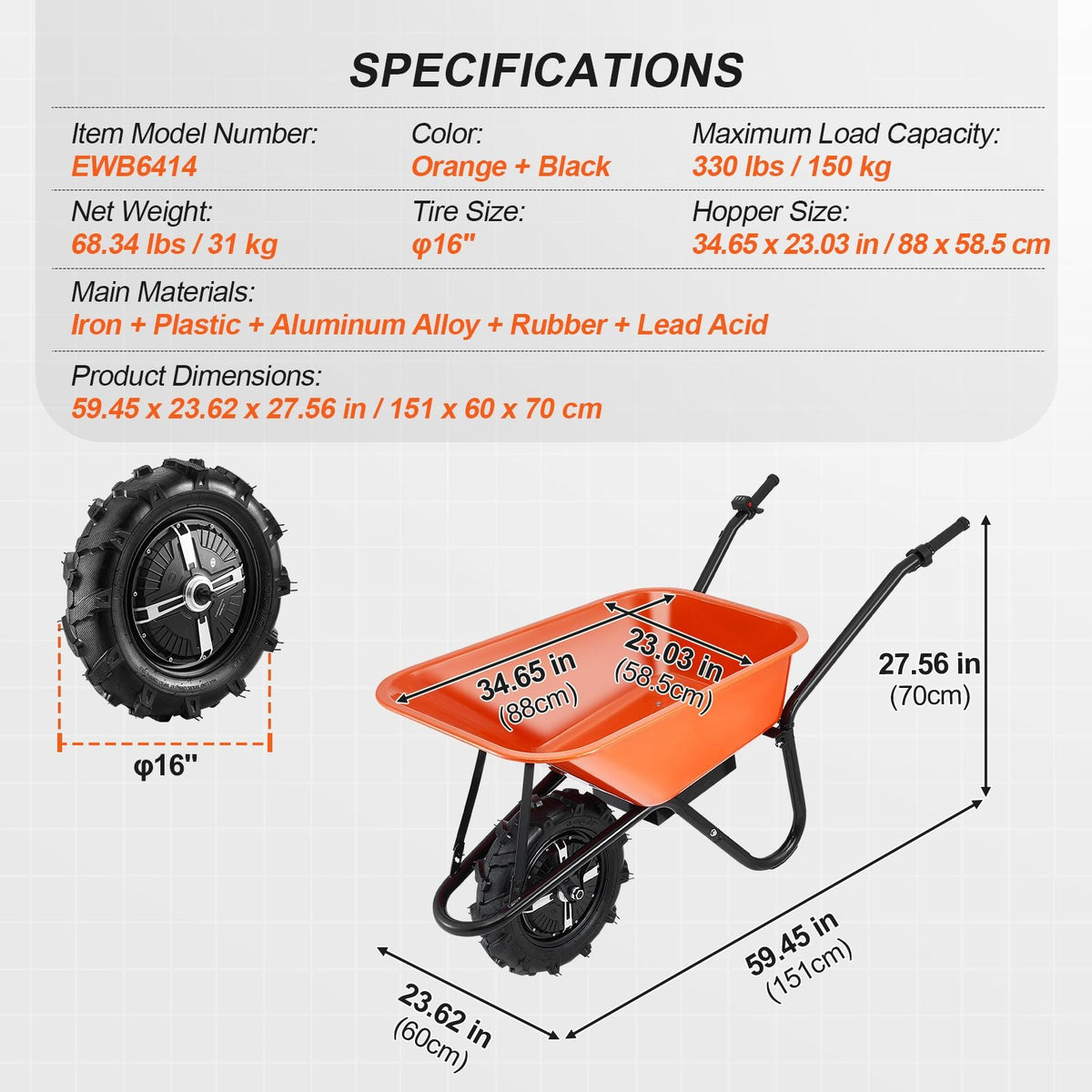 Electric Wheelbarrow Cart, 500W Powered Utility Garden Wagon Dump Cart, 5 Cu. Ft. Load & 330 lbs Capacity with Metal Handle & 16" Track Wheels, One Wheel Barrow Yard Cart & Wagons for Lawn Farm