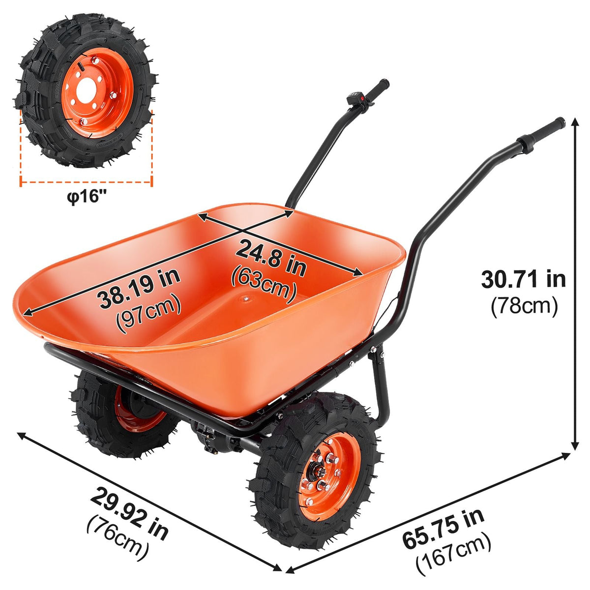 Electric Wheelbarrow Cart, 500W Powered Utility Garden Wagon Dump Cart, 7 Cu. Ft. Load & 573 lbs Capacity with Metal Handle & 16" Track Wheels, Two Wheel Barrow Yard Cart & Wagons for Lawn Farm