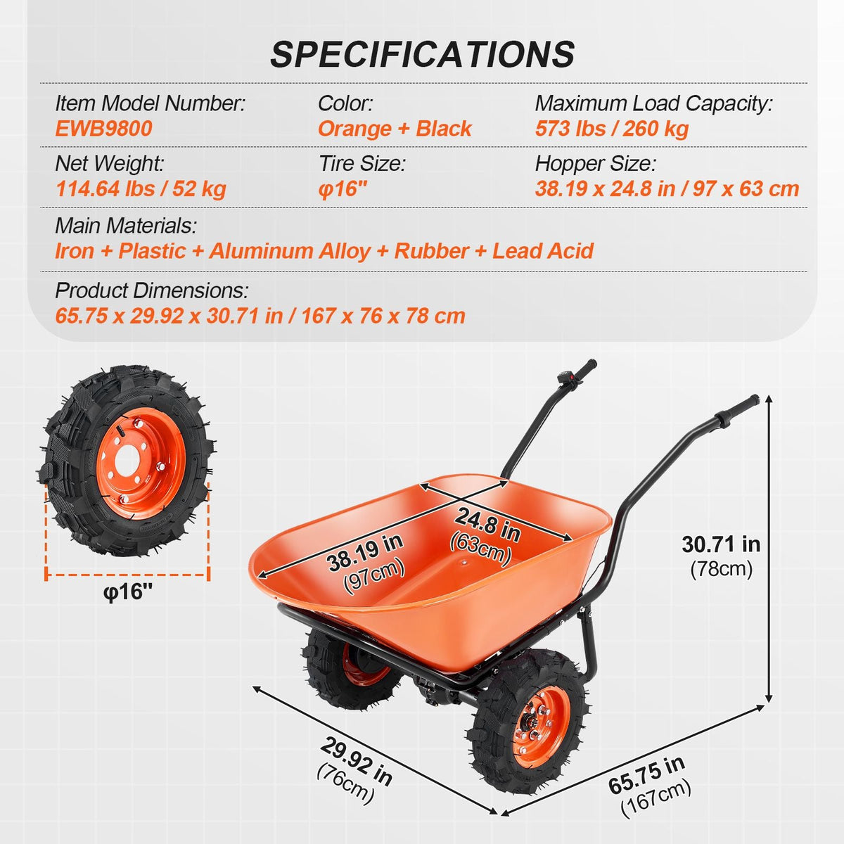 Electric Wheelbarrow Cart, 500W Powered Utility Garden Wagon Dump Cart, 7 Cu. Ft. Load & 573 lbs Capacity with Metal Handle & 16" Track Wheels, Two Wheel Barrow Yard Cart & Wagons for Lawn Farm