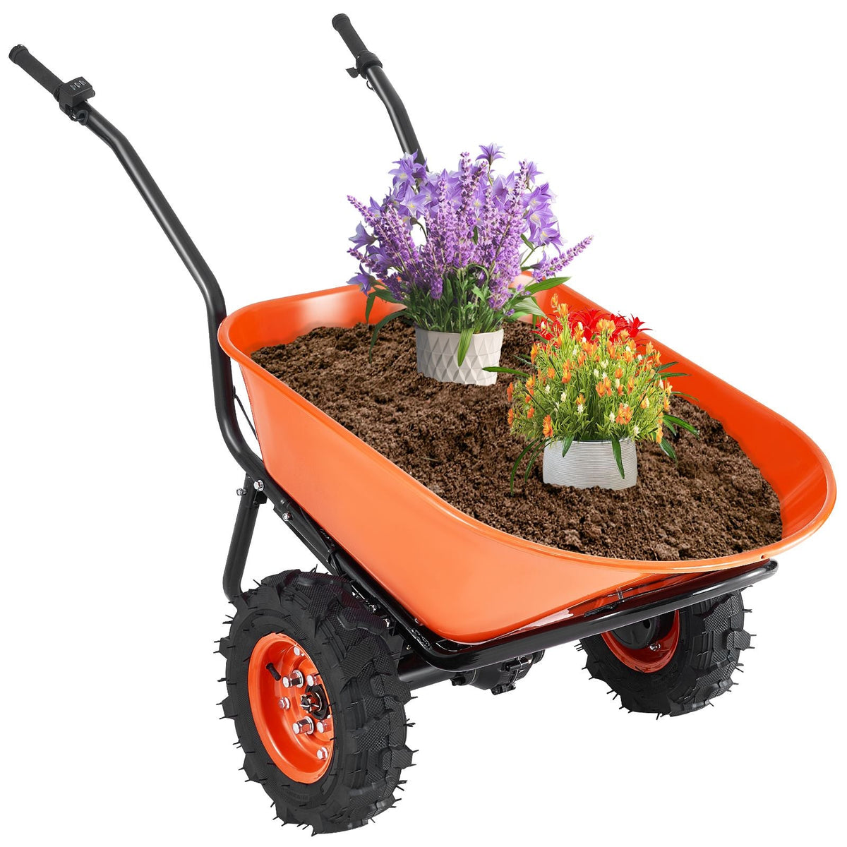 Electric Wheelbarrow Cart, 500W Powered Utility Garden Wagon Dump Cart, 7 Cu. Ft. Load & 573 lbs Capacity with Metal Handle & 16" Track Wheels, Two Wheel Barrow Yard Cart & Wagons for Lawn Farm