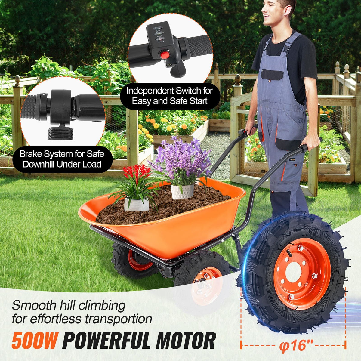 Electric Wheelbarrow Cart, 500W Powered Utility Garden Wagon Dump Cart, 7 Cu. Ft. Load & 573 lbs Capacity with Metal Handle & 16" Track Wheels, Two Wheel Barrow Yard Cart & Wagons for Lawn Farm