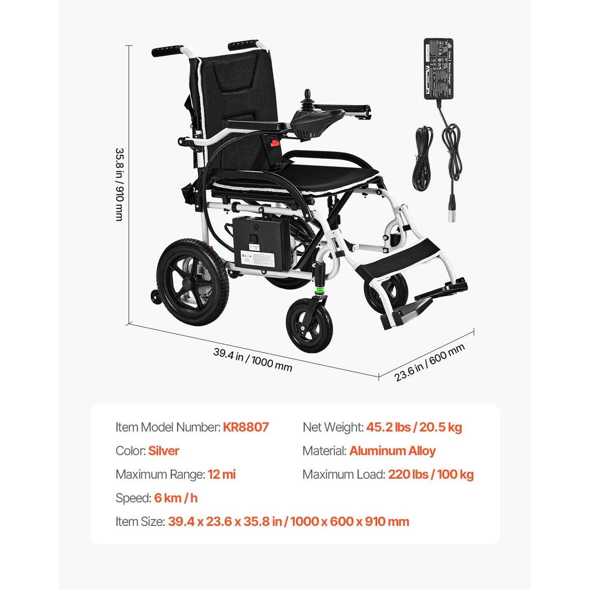 Electric Wheelchair for Adults, 220lbs Capacity, Foldable & Lightweight Motorized Wheelchair, 12-Mile Long Travel Range, All-Terrain Powered Chair, Portable for Seniors & Disabled