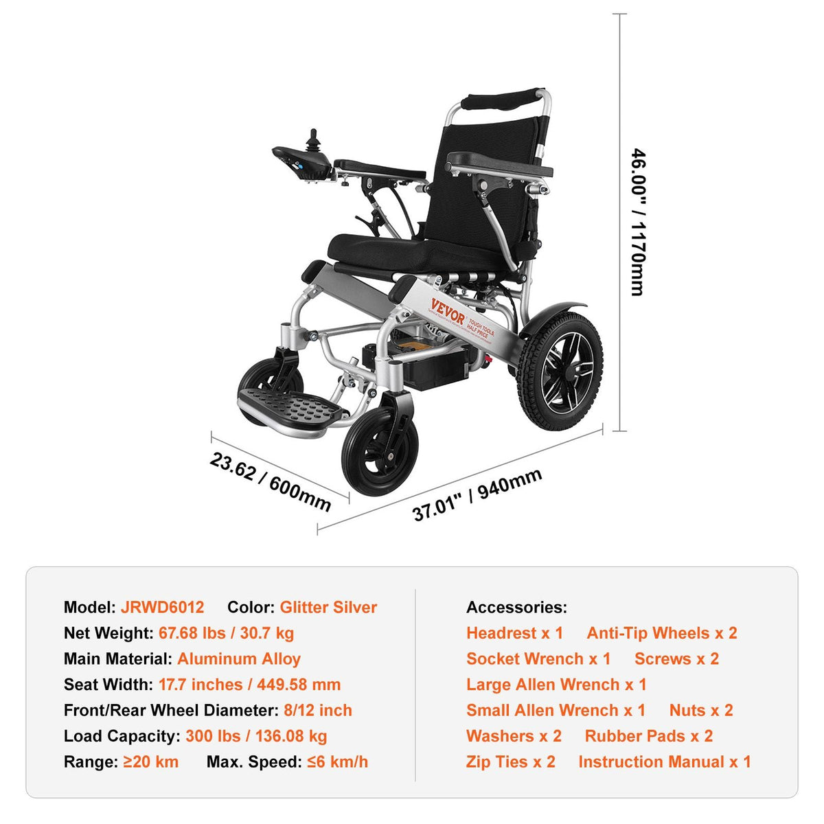 Electric Wheelchair for Adults Seniors, 300 lbs Weight Capacity, 17.7 in Width Lightweight Foldable Motorized Power Wheelchairs, Long Range All Terrain Aluminum Alloy Chair, Adjustable Backrest