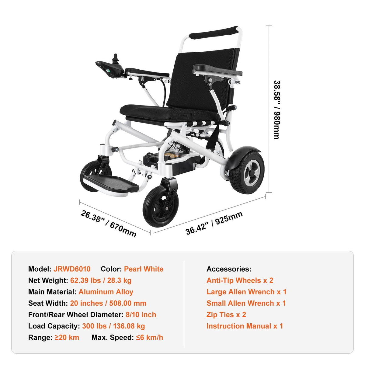 Electric Wheelchair for Adults Seniors, 300 lbs Weight Capacity, 20 in Width Lightweight Foldable Motorized Power Wheelchairs, Long Range All Terrain Aluminum Alloy Chair