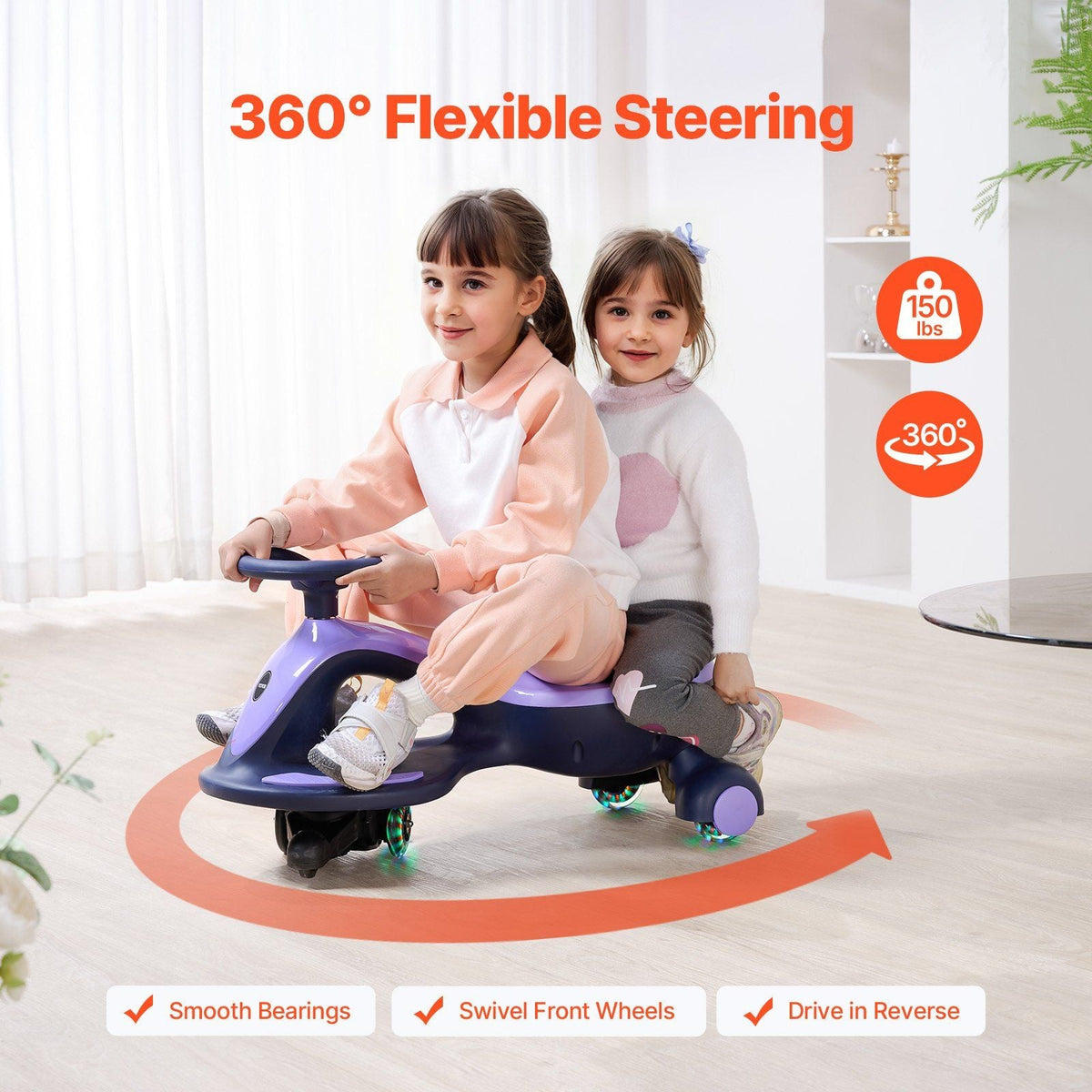 Electric Wiggle Car, Load 150 lbs, Rechargeable Battery, 2 in 1 Swing Car with LED Flashing Wheels, Bluetooth, Anti-Rollover & Flexible Steering, Toddler Ride on Toys for 3 Years and Up, Purple