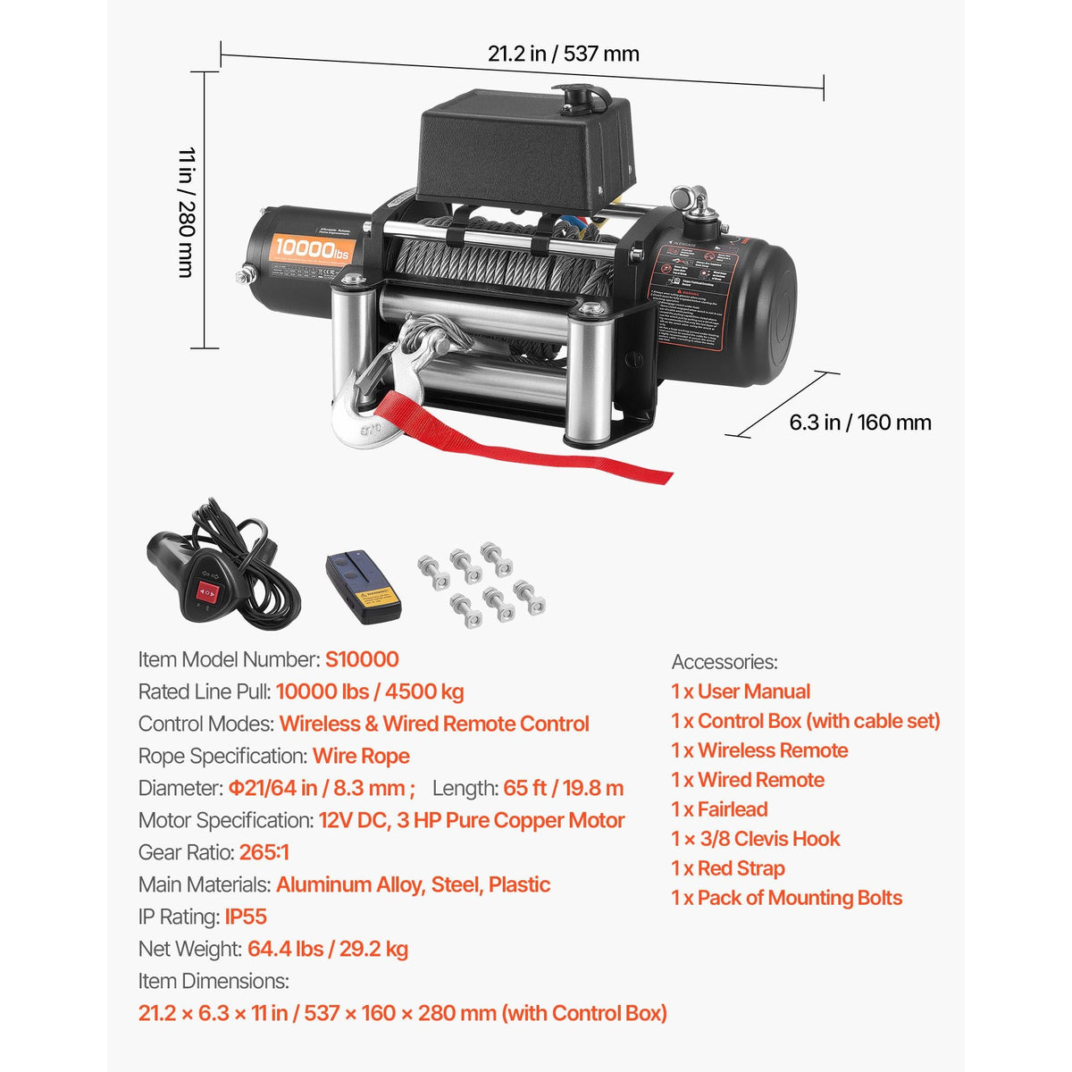 Electric Winch, 10000 lbs Load Capacity, 12V DC Truck Winch with Φ21/64 in x 65 ft Steel Rope, Wireless & Wired Remote Control, IP55 Waterproof for Towing SUV Jeep Trailer Boat Off-Road Vehicle