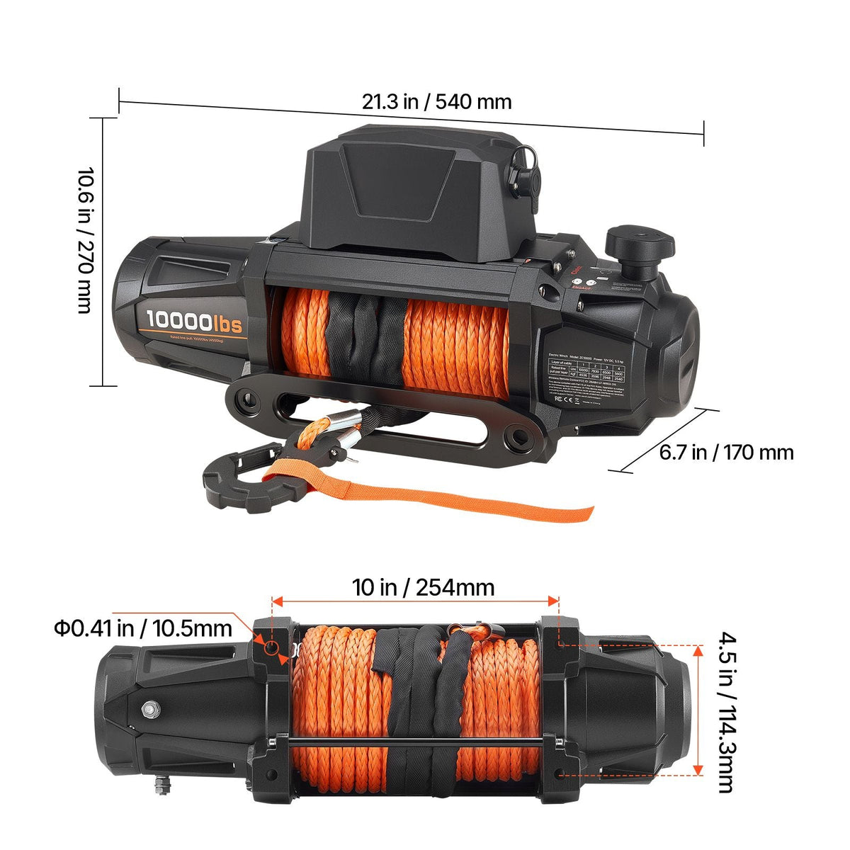 Electric Winch, 10000 lbs Load Capacity, 12V DC Truck Winch with Φ7/20 in x 90 ft Synthetic Rope, Wireless & Wired Remote Control, IP67 Waterproof for Towing Off-Road SUV Jeep Trailer Boat